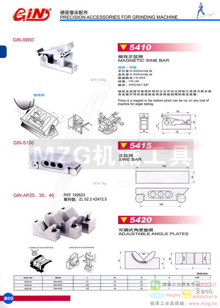 5410 GIN-SB50磁性正弦杆,5415 GIN-S100正弦规,5420 GIN-AP25,30,46可调式角度规