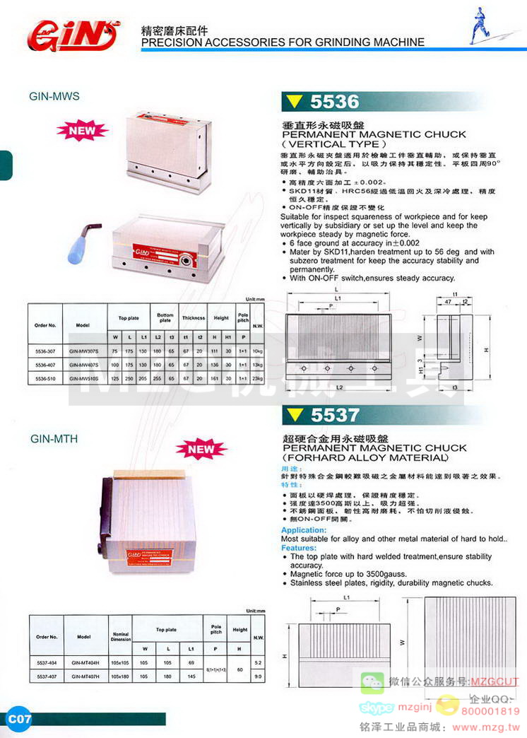 5536 GIN-MW垂直型永磁吸盘,5537 GIN-MT超硬合金用永磁吸盘