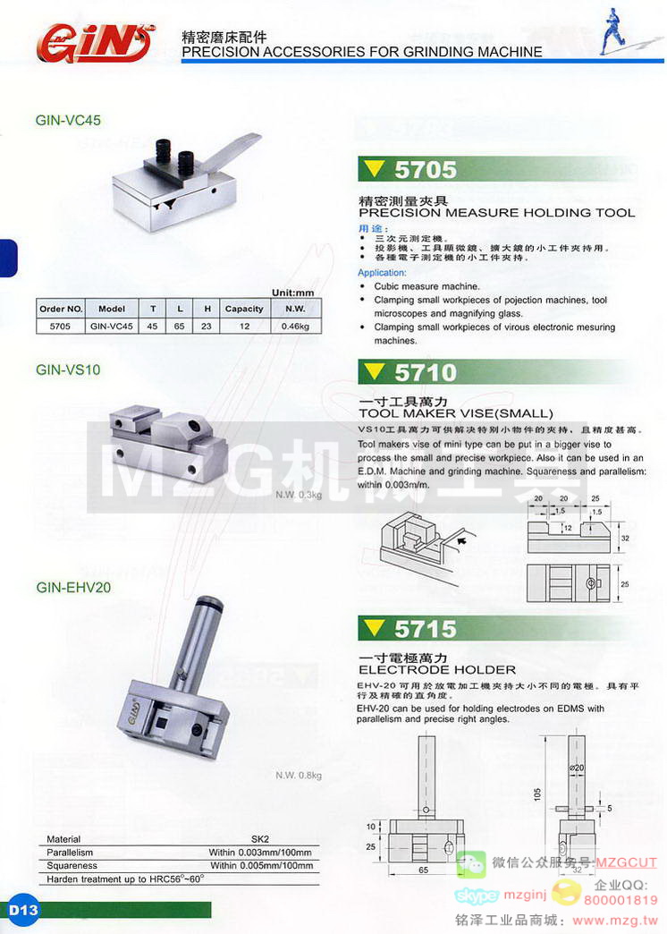 5705 GIN-VC45精密测量夹具,5710 GIN-VS10一寸工具万力,5715 GIN-EHV20一寸电极万力