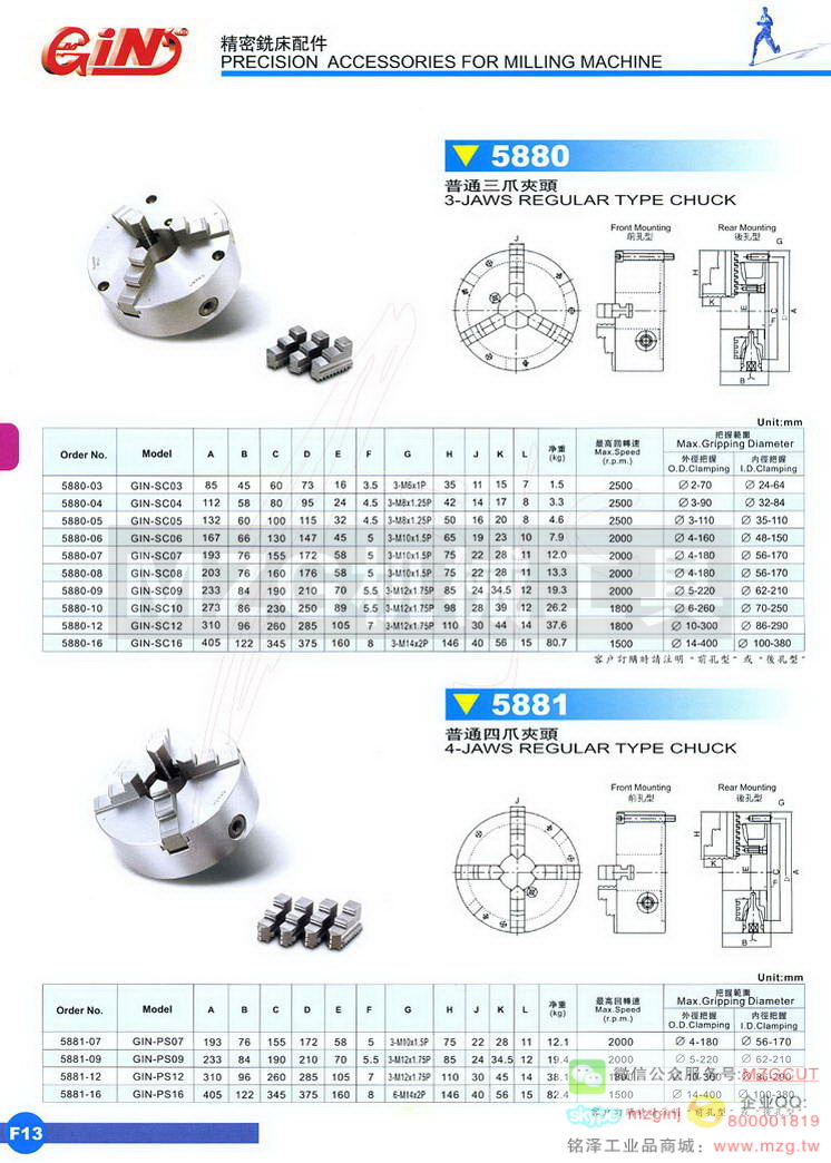 5880 GIN-SC普通三爪夹头,5881 GIN-PS普通四爪夹头