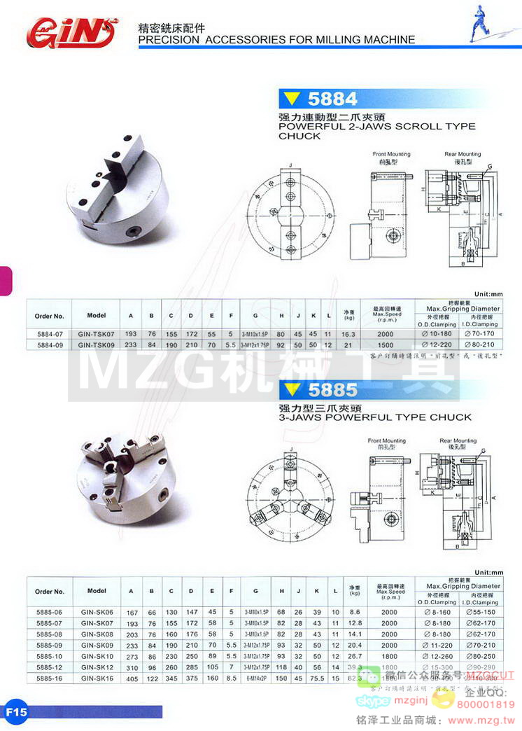 5884 GIN-TSK强力连动型二爪夹头,5885 GIN-SK强力型三爪夹头