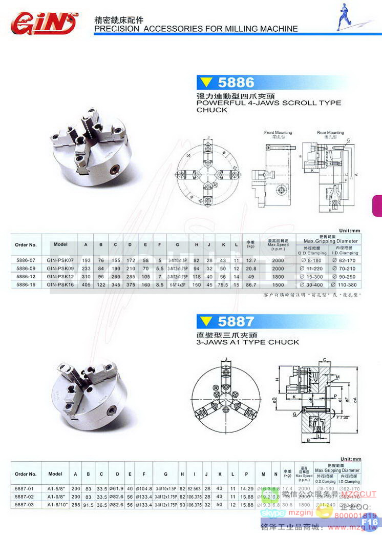 5886 GIN-PSK强力连动型四爪夹头,5887 GIN-A直装型三爪夹头