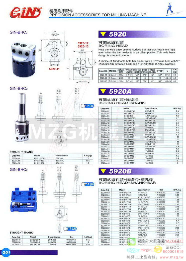 5920 GIN-BHC2可调式搪孔头,5920A GIN-BHC2可调式搪孔头+推拔柄,5920B GIN-BHC2可调式搪孔头+推拔柄+搪孔杆