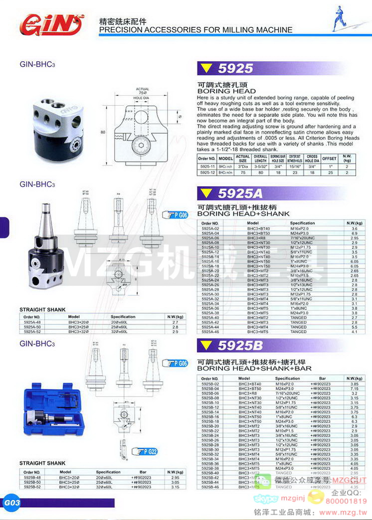 5925 GIN-BHC3可调式搪孔头,5925A GIN-BHC3可调式搪孔头+推拔柄,5925B GIN-BHC3可调式搪孔头+推拔柄+搪孔杆