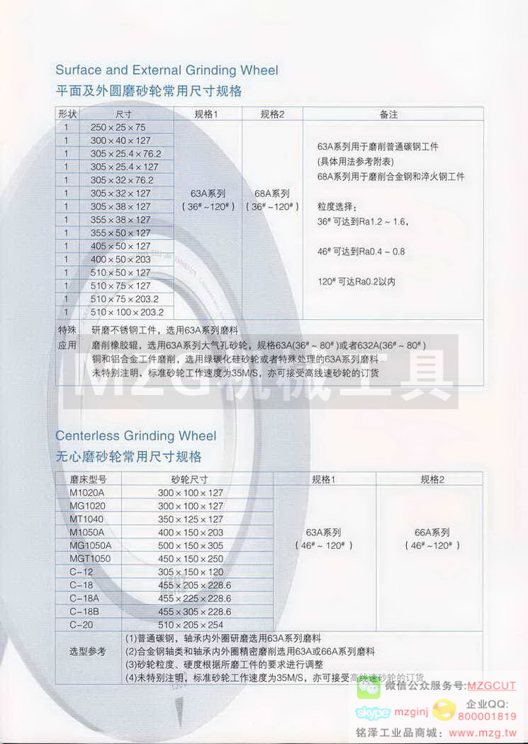 猛狮MENZ砂轮平面磨常用尺寸规格,外圆磨常用尺寸规格,无心磨常用尺寸规格