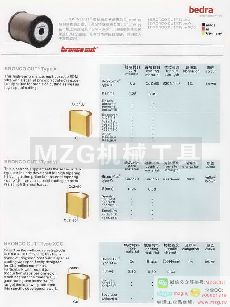 德国Bedra,瑞士Agie-Charmilles,高精度黄铜线,镀锌铜线,钨线,合金线,高精度电极丝