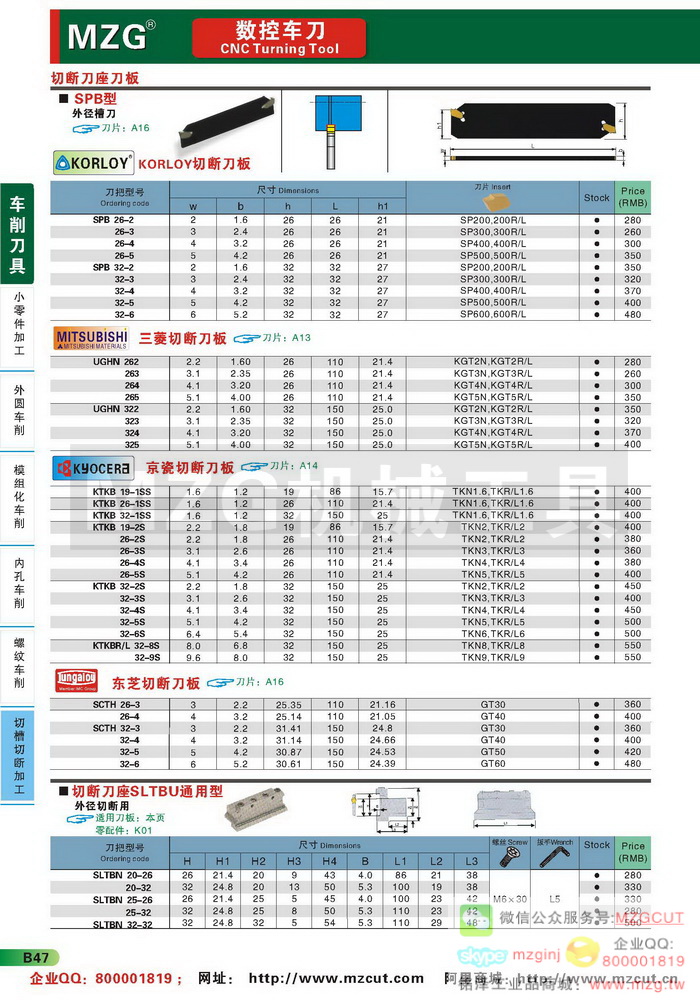 SPB韩国KORLOY,UGHN三菱,KTKB京瓷,SCTH东芝,切断刀板,SLTBN通用型切断刀座,MZG数控车刀参数图片价格