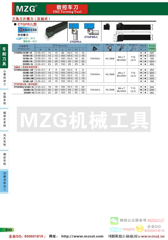 CTGF,CTGFS排刀型京瓷浅槽刀杆,MZG数控车刀参数图片价格