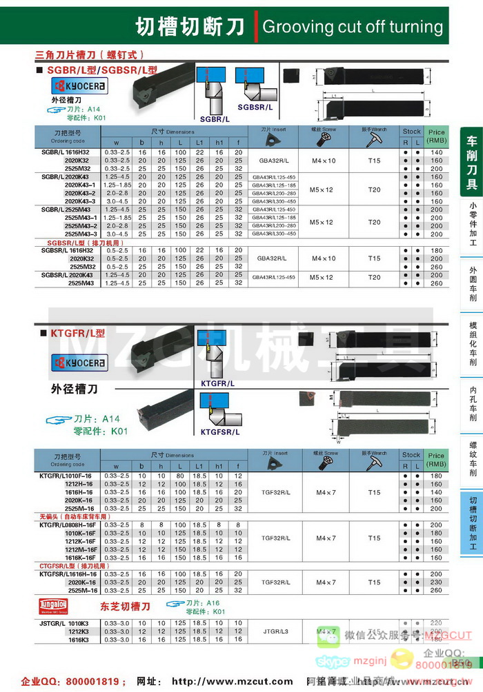 SBG,SGBS排刀型京瓷浅槽刀杆,KTGF,KTGFS排刀型京瓷浅槽刀杆,JSTG东芝,MZG数控车刀参数图片价格