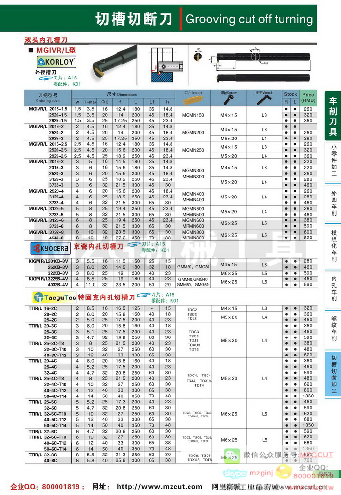 MGIVR/L韩国KORLOY,KIGMR/L京瓷,TTIR/L特固克内孔切槽刀杆,MZG数控车刀参数图片价格