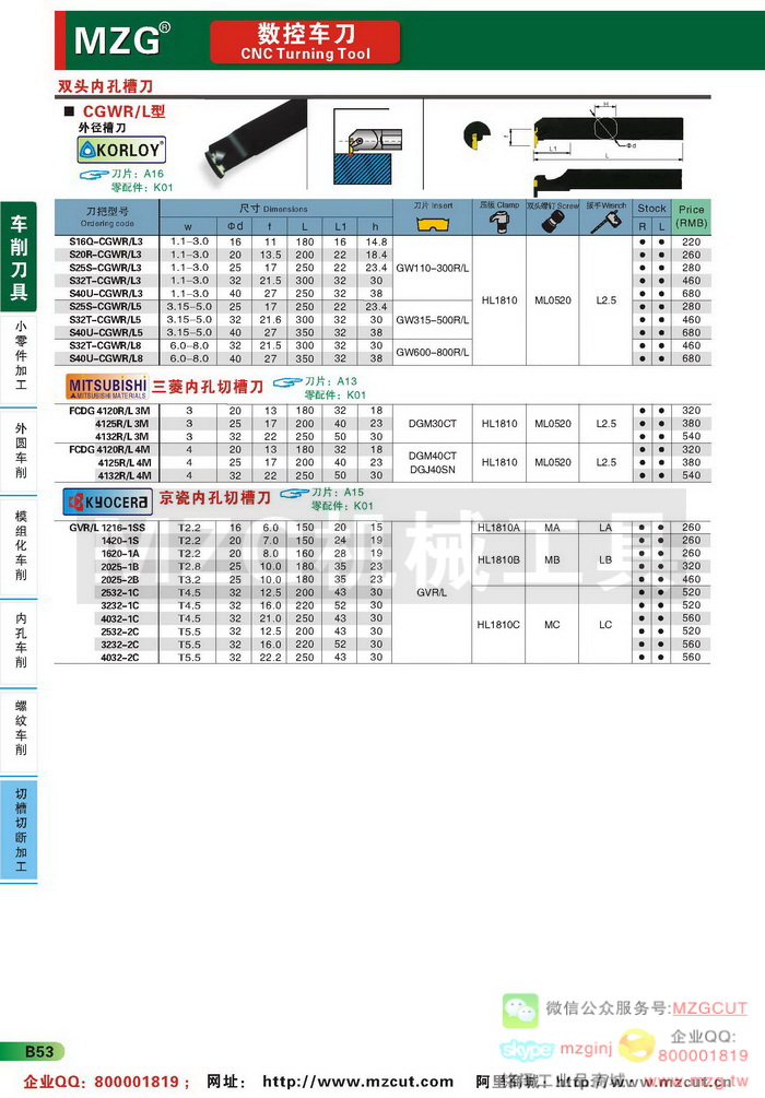 CGWR/L韩国KORLOY,GVR/L京瓷,FCDG三菱内孔切槽刀杆,MZG数控车刀参数图片价格