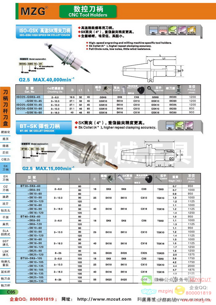 GSK高速SK筒夹刀柄,SK弹性筒夹刀柄,MZG数控刀柄参数图片价格