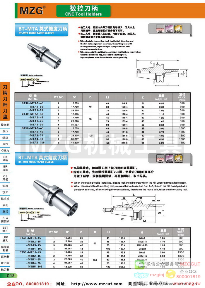 MTA莫氏锥度刀柄带扁尾,MTB莫氏锥度刀柄带拉杆,MZG数控刀柄参数图片价格