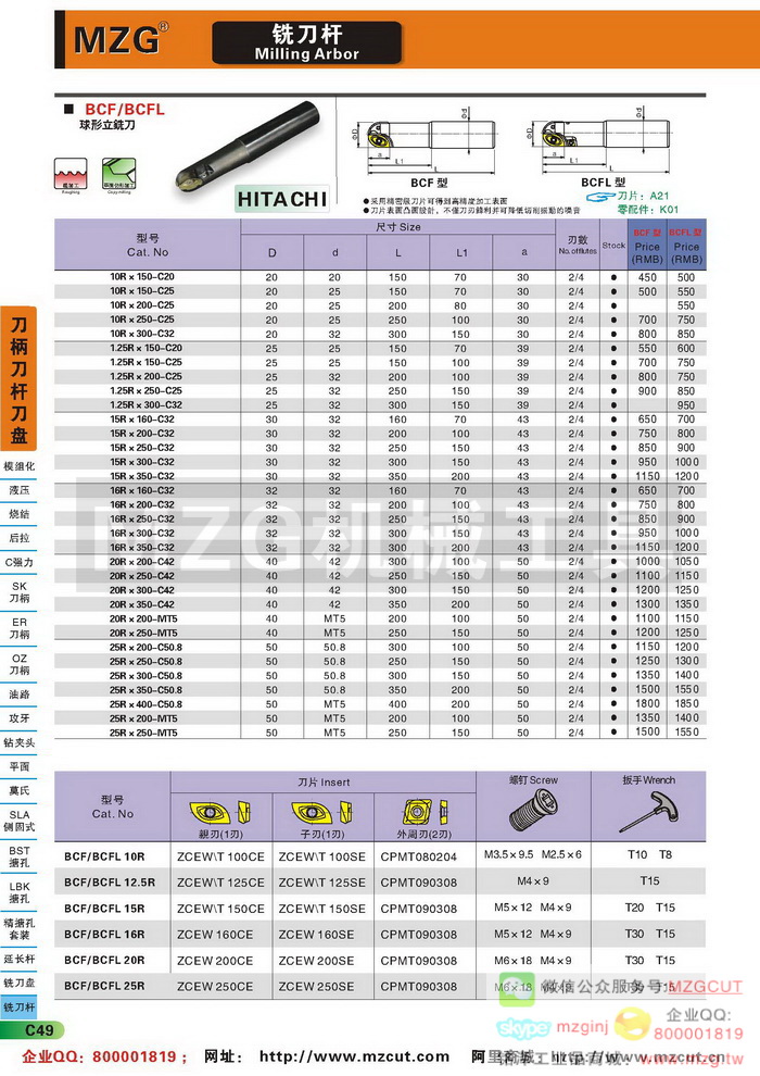 BCF/BCFL日立球形立铣刀杆,MZG铣刀杆参数图片价格