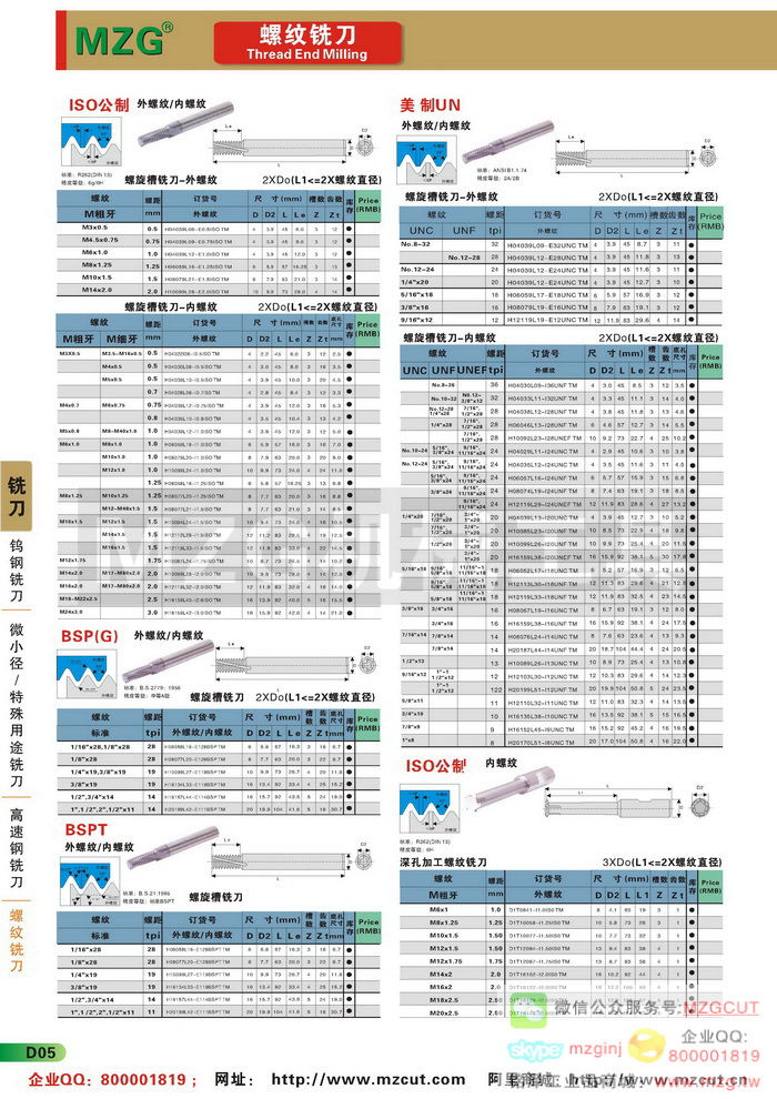 MZG ISO内外螺纹铣刀,BSPT锥管螺纹铣刀,美制UN螺纹铣刀,深孔加工用螺纹铣刀,MZG钨钢铣刀参数图片价格