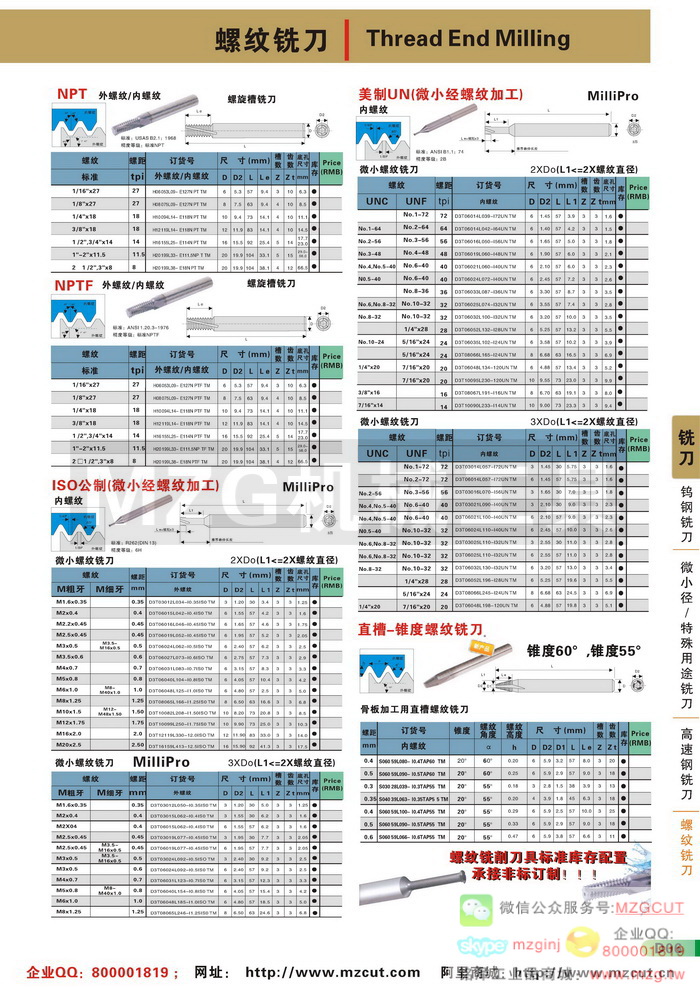 MZG NPTF内外螺纹铣刀,ISO微小径螺纹铣刀,美制UN微小径螺纹铣刀,骨板加工用锥度螺纹铣刀,MZG钨钢铣刀参数图片价格