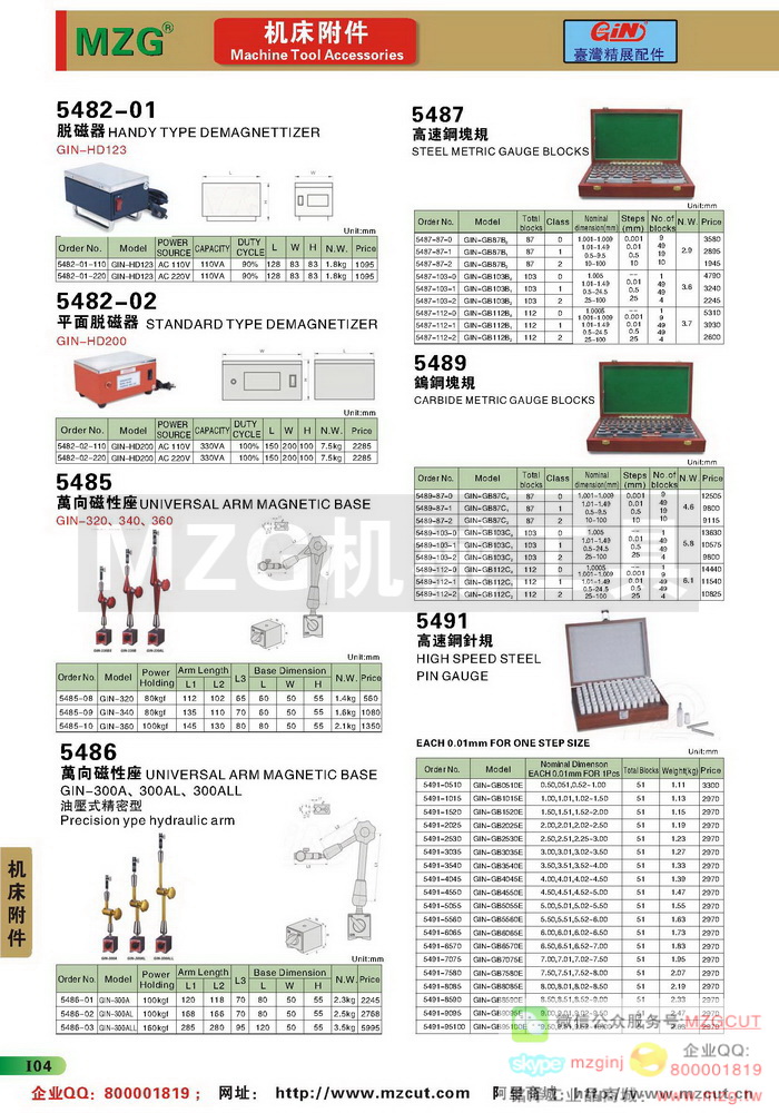 脱磁器,万向磁性座,高速钢块规,钨钢块规,高速钢针规,台湾GIN精展配件参数图片价格