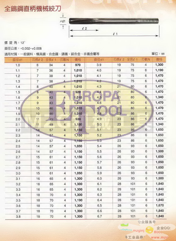 欧霸ET丝攻,铣刀,钻头,中心钻,定点钻,机械铰刀