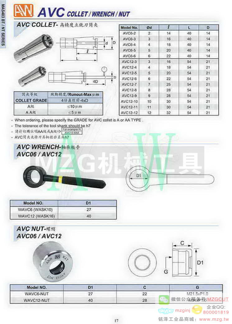 台湾AW安威AVC高精度立铣刀/筒夹/轴承/板手/螺帽
